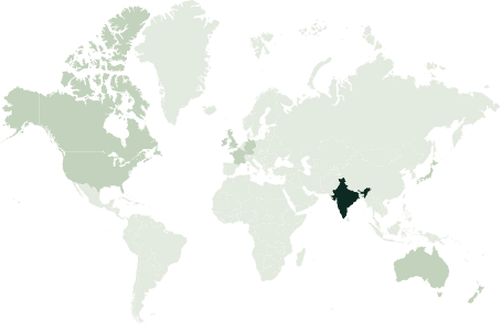 World map with markets served in sage and India in pine